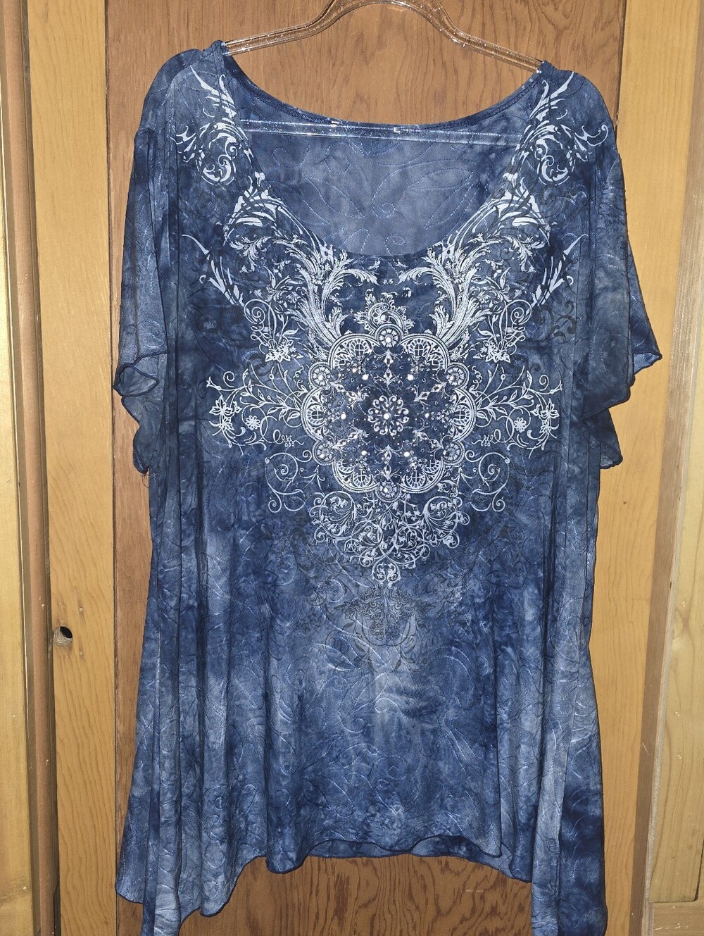 Like new womens XL blue embellished acemetrical tunic tunic top blouse